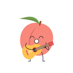 Canvas Print - Peach cute character cartoon plays the guitar sings juicy sweet fruit smiling face cheerful kawaii joy happy emotions icon vector illustration.