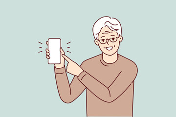 Smiling elderly man in glasses point at mockup cellphone screen. Happy mature grandfather show with finger on smartphone display. Vector illustration. 