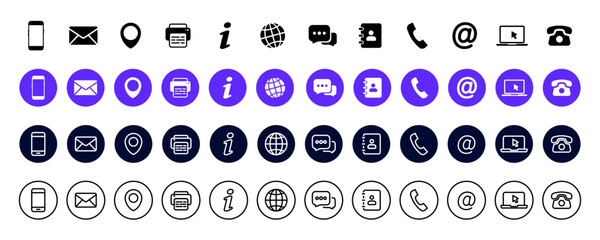 Contact us icons. Business card contact information symbols. Web icons set of differents style. Communication icons set for web and mobile app. Vector illustration