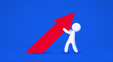 3d white cartoon man holding growing arrow. Business strategy concept. Isolated blue background.