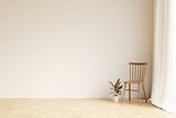 Fototapeta  - Empty white wall in apartment room. Wooden chair and plant on parquet flooring. Template for your content. 3D illustration.