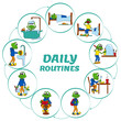 © Юлія Гончарова - Daily routine for child. Pie Chart. Baby frog performing various tasks during the day. Bright vector illustration.