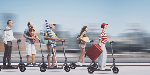 Crowd of diverse people riding electric scooters in the street