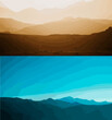 Realistic mountains landscape. Morning wood panorama, pine trees and mountains silhouettes. Vector forest hiking background