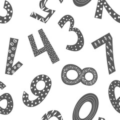 Wall Mural - Seamless pattern with doodle hand drawn numbers in Scandinavian Style. Vector background with black and white numbers, kids nursery backdrop