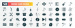 set of 50 filled music and media icons. flat icons such as balalaika, quaver, violoncello, dotted barline, image archive, cymbals, globe with pointer, album, music keyboard, music player tings glyph