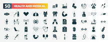 Set Of 50 Filled Health And Medical Icons. Flat Icons Such As Fast Food, Sperm, Patient Robe, Gynecology, Abs, Blood Pressure Gauge, Girl, Microbe, Pipette, Electric Toothbrush Glyph Icons.