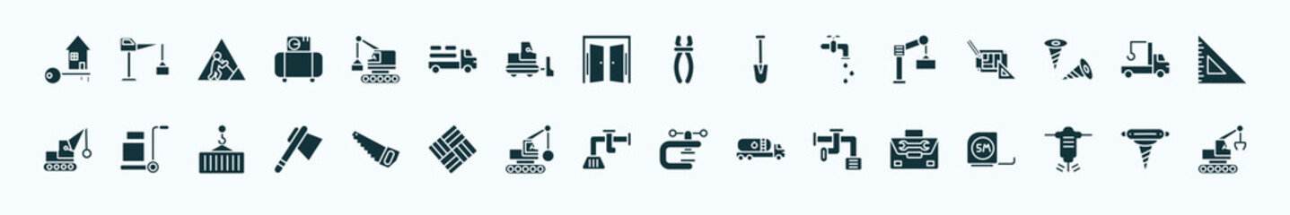Wall Mural - flat filled construction icons set. glyph icons such as home key, derrick with box, inclined clippers, derrick with boxes, crane truck, trolley with cargo, big saw, adjusment system, adjustment