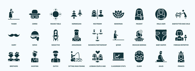 flat filled people icons set. glyph icons such as takbir, norwegian, pacient, hairy, amazonian, mexican woman, brothers, sitting man fishing, elder, julus icons.