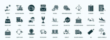 Flat Filled Delivery And Logistic Icons Set. Glyph Icons Such As Support, Zip Code, Logistics, Weight Limit, Fragile, Container Hanging, Container, Fast Delivery, Delivery Schedule, Tag Icons.