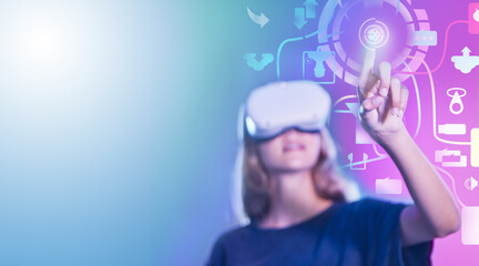 Fototapete - Vr, woman and digital tech hologram, icons and virtual reality mockup space. Metaverse, 3d future app or female click virtual world button, cyber ux or online, internet or web interface for software