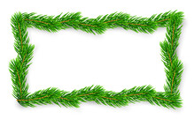 Christmas Branch Frame 3D. Green Garland Border Isolated On White Background. Template Texture For Holiday Banner, Decoration, Invitation, New Year Card. Elegant Realistic Design Vector Illustration