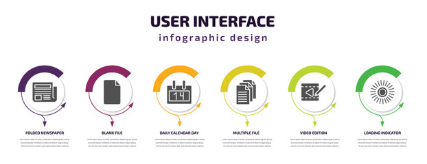 Poster - user interface infographic template with icons and 6 step or option. user interface icons such as folded newspaper, blank file, daily calendar day 14, multiple file, video edition, loading indicator