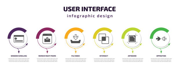 Poster - user interface infographic template with icons and 6 step or option. user interface icons such as window scrolling right, remove right frame, file inbox, intersect, artboard, opposition vector. can