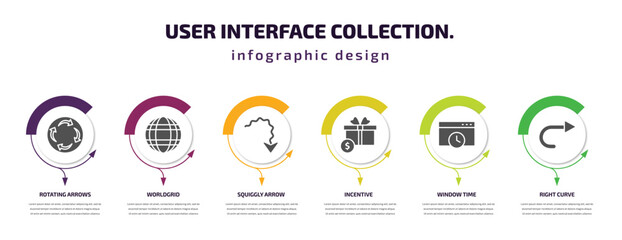 Poster - user interface collection. infographic template with icons and 6 step or option. user interface collection. icons such as rotating arrows, worldgrid, squiggly arrow, incentive, window time, right