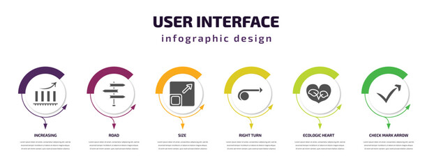 Poster - user interface infographic template with icons and 6 step or option. user interface icons such as increasing, road, size, right turn, ecologic heart, check mark arrow vector. can be used for banner,