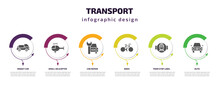 Transport Infographic Template With Icons And 6 Step Or Option. Transport Icons Such As Midget Car, Small Helicopter, Car Repair, Bikes, Tram Stop Label, Auto Vector. Can Be Used For Banner, Info