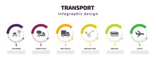 Transport Infographic Template With Icons And 6 Step Or Option. Transport Icons Such As Car Parking, Cement Truck, Heavy Vehicle, Airplane Flying, Bobsleigh, Flights Vector. Can Be Used For Banner,