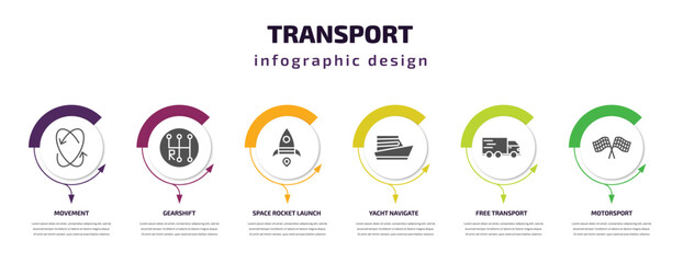 Poster - transport infographic template with icons and 6 step or option. transport icons such as movement, gearshift, space rocket launch, yacht navigate, free transport, motorsport vector. can be used for