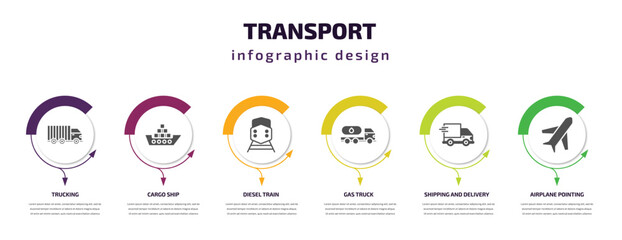 Poster - transport infographic template with icons and 6 step or option. transport icons such as trucking, cargo ship, diesel train, gas truck, shipping and delivery, airplane pointing up vector. can be used