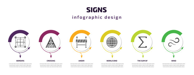 Poster - signs infographic template with icons and 6 step or option. signs icons such as borders, crossing, under, world grid, the sum of, wind vector. can be used for banner, info graph, web, presentations.