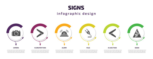 Poster - signs infographic template with icons and 6 step or option. signs icons such as camera, is greater than, alarm, plug, is less than, snake vector. can be used for banner, info graph, web,