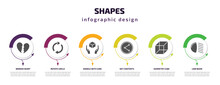 Shapes Infographic Template With Icons And 6 Step Or Option. Shapes Icons Such As Broken Heart, Rotate Circle, Handle With Care, Net Contents, Geometry Cube, Low Beam Vector. Can Be Used For Banner,