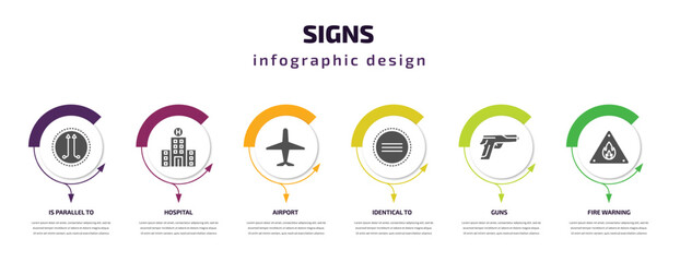 Poster - signs infographic template with icons and 6 step or option. signs icons such as is parallel to, hospital, airport, identical to, guns, fire warning vector. can be used for banner, info graph, web,