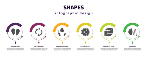 Aufkleber - shapes infographic template with icons and 6 step or option. shapes icons such as broken heart, rotate circle, handle with care, net contents, geometry cube, low beam vector. can be used for banner,