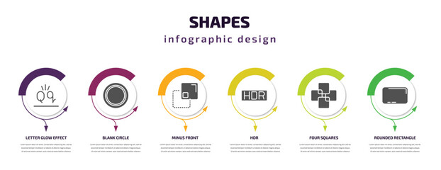 Poster - shapes infographic template with icons and 6 step or option. shapes icons such as letter glow effect, blank circle, minus front, hdr, four squares, rounded rectangle vector. can be used for banner,