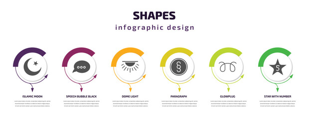 Aufkleber - shapes infographic template with icons and 6 step or option. shapes icons such as islamic moon, speech bubble black, dome light, paragraph, glowplug, star with number five vector. can be used for