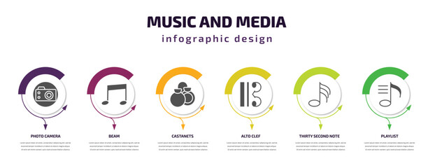 Poster - music and media infographic template with icons and 6 step or option. music and media icons such as photo camera, beam, castanets, alto clef, thirty second note, playlist vector. can be used for