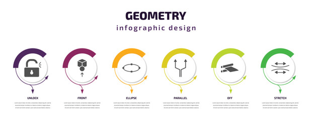Poster - geometry infographic template with icons and 6 step or option. geometry icons such as unlock, front, ellipse, parallel, off, stretch vector. can be used for banner, info graph, web, presentations.