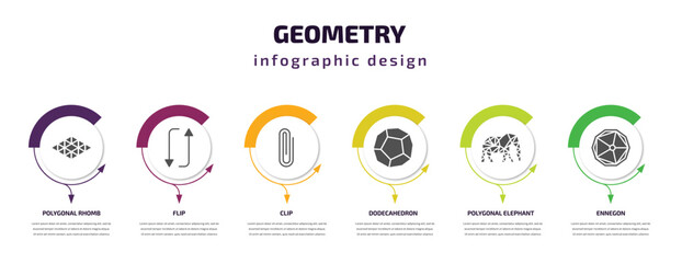 Aufkleber - geometry infographic template with icons and 6 step or option. geometry icons such as polygonal rhomb, flip, clip, dodecahedron, polygonal elephant, ennegon vector. can be used for banner, info