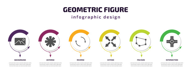 Aufkleber - geometric figure infographic template with icons and 6 step or option. geometric figure icons such as background, asterisk, reverse, extend, polygon, intersection vector. can be used for banner,