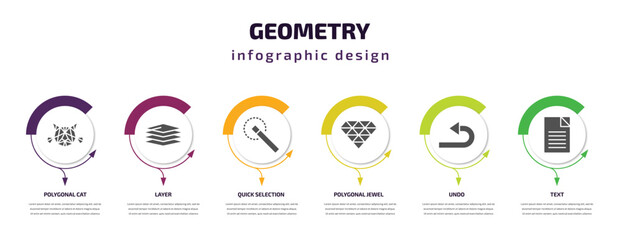 Poster - geometry infographic template with icons and 6 step or option. geometry icons such as polygonal cat, layer, quick selection, polygonal jewel, undo, text vector. can be used for banner, info graph,