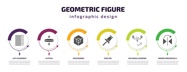 Aufkleber - geometric figure infographic template with icons and 6 step or option. geometric figure icons such as left alignment, flatten, hexahedron, push pin, polygonal scorpion, mirror horizontally vector.
