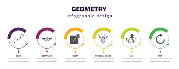 Poster - geometry infographic template with icons and 6 step or option. geometry icons such as spline, constraint, insert, polygonal giraffe, base, redo vector. can be used for banner, info graph, web,