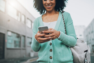 Canvas Print - Phone, networking and black woman with mobile app, social media post or 5g internet outdoor with in a urban city. Happy african gen z girl typing on her cellphone for online post and contact with app