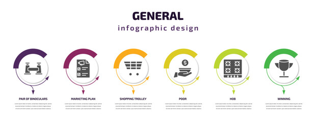 Poster - general infographic template with icons and 6 step or option. general icons such as pair of binoculars, marketing plan, shopping trolley, poor, hob, winning vector. can be used for banner, info