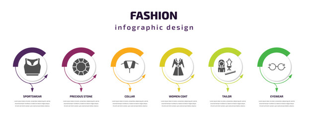 fashion infographic template with icons and 6 step or option. fashion icons such as sportswear, prec