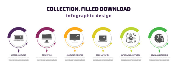 collection. filled download infographic template with icons and 6 step or option. collection. filled download icons such as laptop computer screen, computers, computer monitor, open laptop on,