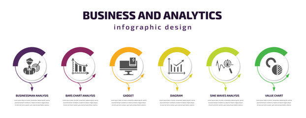 Poster - business and analytics infographic template with icons and 6 step or option. business and analytics icons such as businessman analysis, bars chart analysis, gadget, diagram, sine waves analysis,