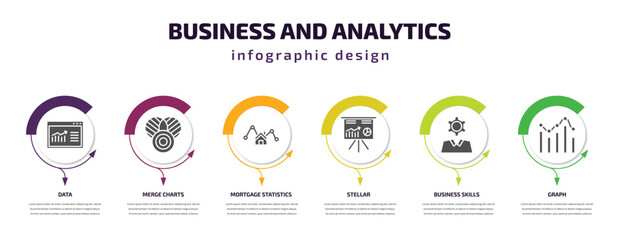 Poster - business and analytics infographic template with icons and 6 step or option. business and analytics icons such as data, merge charts, mortgage statistics, stellar, business skills, graph vector. can