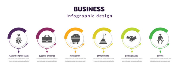 Poster - business infographic template with icons and 6 step or option. business icons such as man with money gears, bussines briefcase, mining cart, stats pyramid, shaking hands, sitting vector. can be used