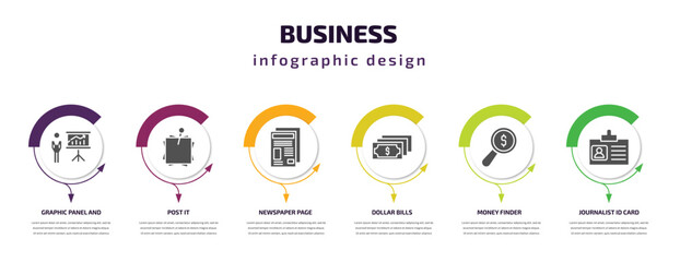 Poster - business infographic template with icons and 6 step or option. business icons such as graphic panel and man, post it, newspaper page, dollar bills, money finder, journalist id card vector. can be