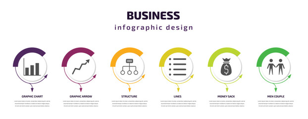 Poster - business infographic template with icons and 6 step or option. business icons such as graphic chart, graphic arrow, structure, lines, money sack, men couple vector. can be used for banner, info