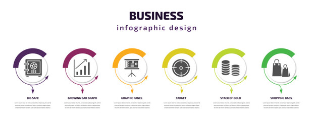 Poster - business infographic template with icons and 6 step or option. business icons such as big safe, growing bar graph, graphic panel, target, stack of gold, shopping bags vector. can be used for banner,