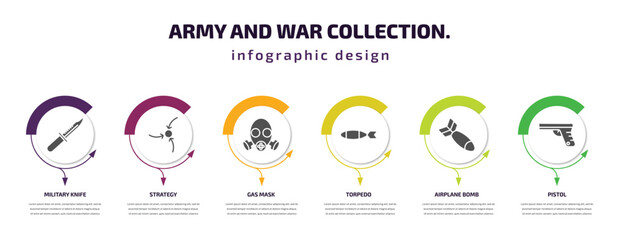 Poster - army and war collection. infographic template with icons and 6 step or option. army and war collection. icons such as military knife, strategy, gas mask, torpedo, airplane bomb, pistol vector. can