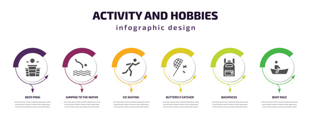  activity and hobbies infographic template with icons and 6 step or option. activity and hobbies icons such as beer pong, jumping to the water, ice skating, butterfly catcher, backpacks, boat race